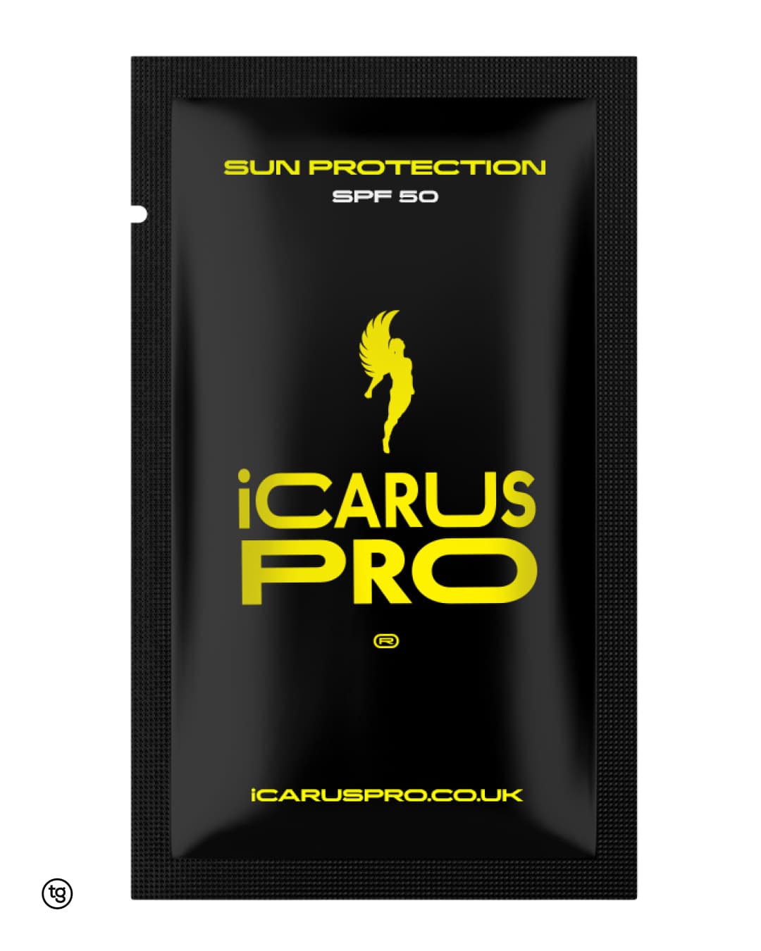 Black sachet with branded yellow logo for ICARUS PRO an ambitious startup brand looking to disrupt the sports and outdoor skincare market with a high-performance SPF protection product aimed at athletes, surfers, cyclists, runners, and outdoor enthusiasts. Design by Twistedgifted.